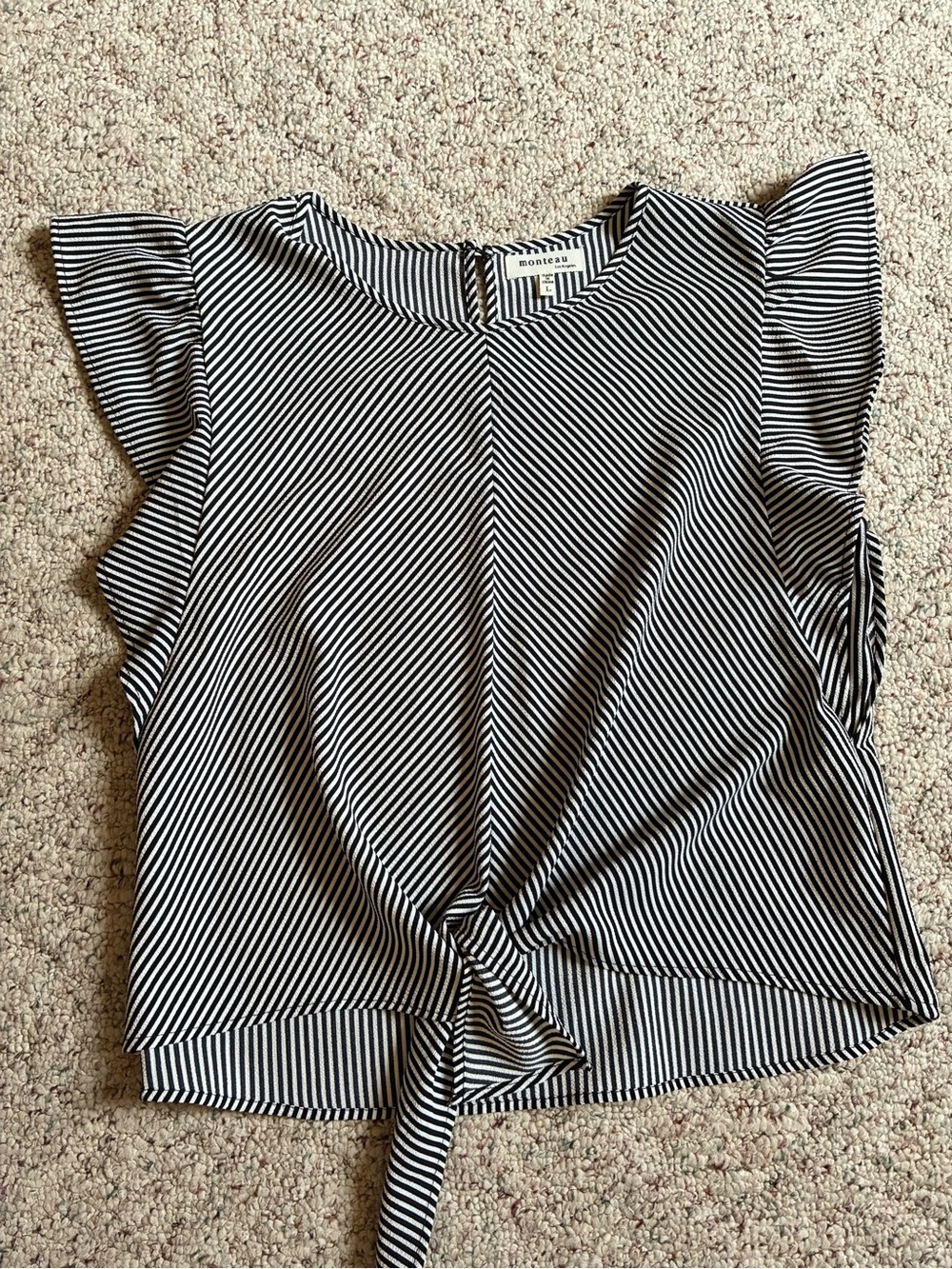 Monteau Black and White Diagonal Stripe Tie-Front Flutter Top